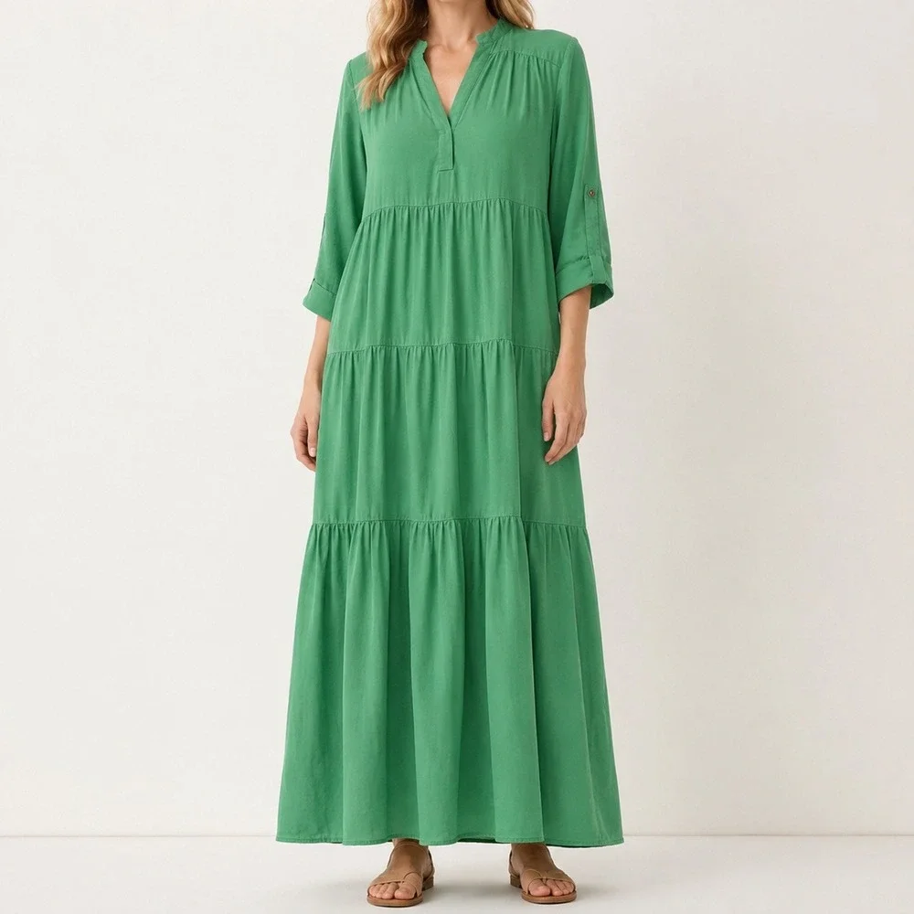 Chicos Green Modal Tiered Maxi Dress V-Neck Roll Tab Sleeve Size 3 XL 16/18 - Picture 1 of 8